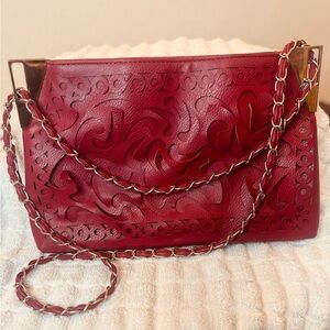 Handmade artisan laser cut leather bag artist unknown. Pristine real silk lining